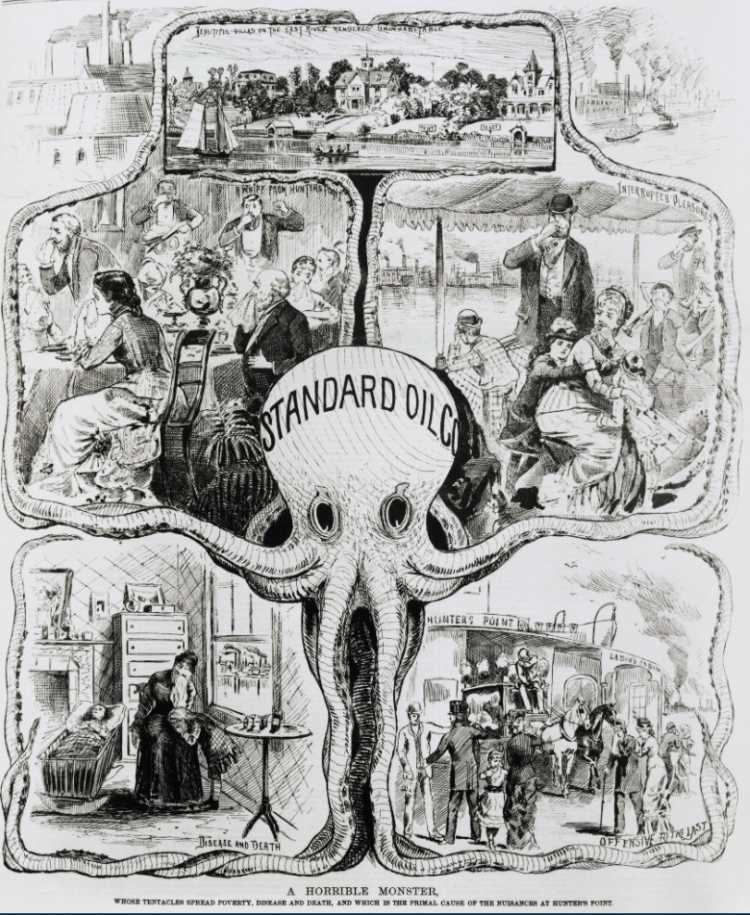 1880 cartoon showing Standard Oil as an octopus with tentacles labeled 'STANDARD OIL' reaching into homes and industries, symbolizing its monopolistic grip and societal impact.