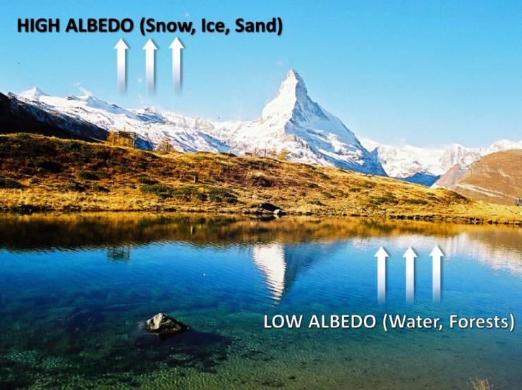 Mountain lake with adjacent land that is covered with brown vegetation. Further on are snow covered mountains and peaks.