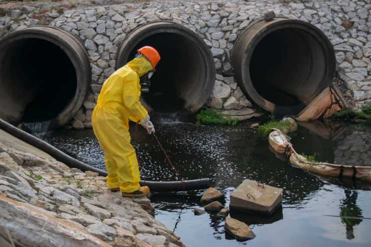 Working in yellow hazmat suit with a suction hose, standing in front of a pond of black oil being discharged from factory effluent pipes.