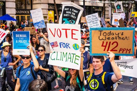 On September 20, 2019, in San Francisco, CA, USA, participants raised placards with messages about climate change during the Global Climate Strike Rally and March, which took place in downtown San Francisco.