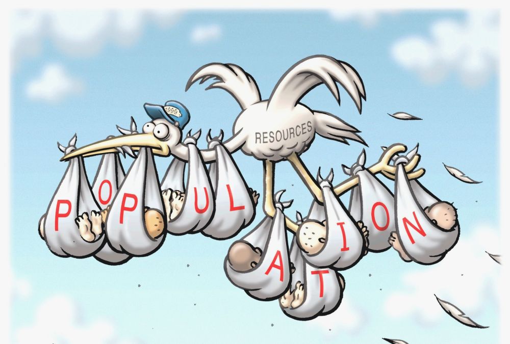 Cartoon drawing of a flying, white stork with bulging eyes and wearing a blue train conductor's cap, set against a pale blue sky with white, fuzzy clouds. On his side, in black letters, is the word RESOURCES. He carrying 10 diaper swaddled babies. Each diaper has a red letter on it, which together spell Population.