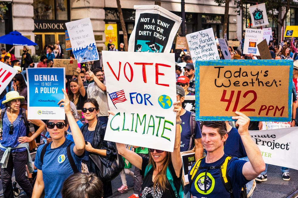 On September 20, 2019, in San Francisco, CA, USA, participants raised placards with messages about climate change during the Global Climate Strike Rally and March, which took place in downtown San Francisco.