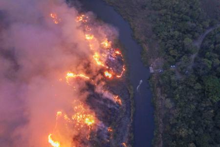 Brilliant red, orange flames burning along a riverbank, with gray smoke rising in columns.